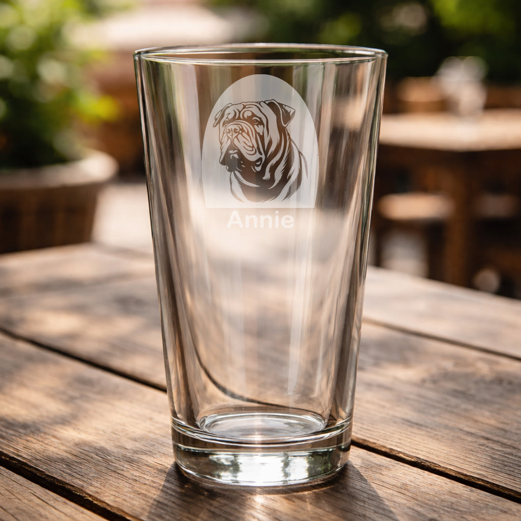 Personalised Shar Pei pint glass featuring a laser etched Shar Pei dog design with a custom name underneath
