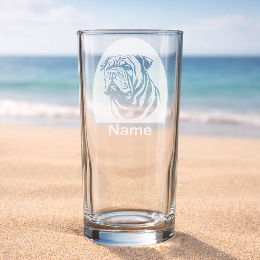 Personalised Shar Pei highball glass featuring a laser etched Shar Pei dog design with a custom name underneath