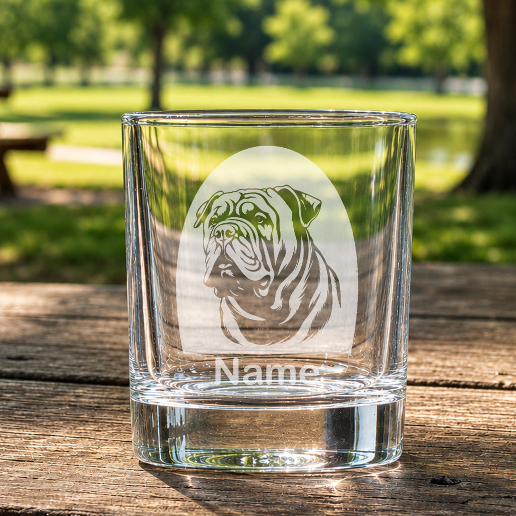 Personalised Shar Pei whiskey glass featuring a laser etched Shar Pei dog design with a custom name underneath