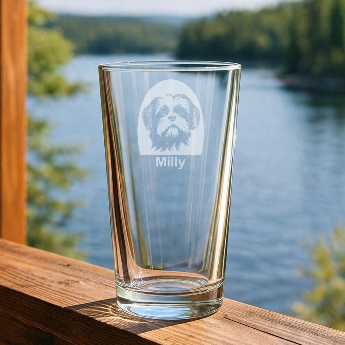 Personalised Shih Tzu pint glass featuring a laser etched Shih Tzu dog design with a custom name underneath