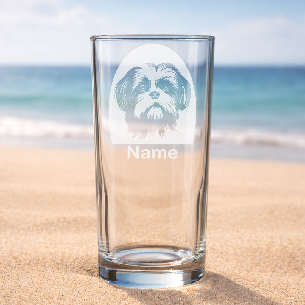 Personalised Shih Tzu highball glass featuring a laser etched Shih Tzu dog design with a custom name underneath