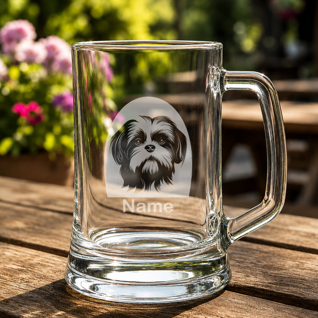Personalised Shih Tzu tankard glass featuring a laser etched Shih Tzu dog design with a custom name underneath