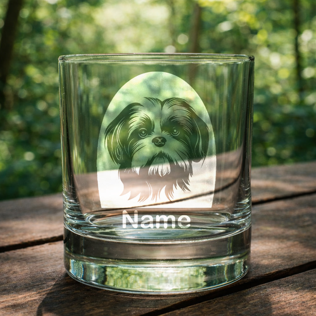 Personalised Shih Tzu whiskey glass featuring a laser etched Shih Tzu dog design with a custom name underneath
