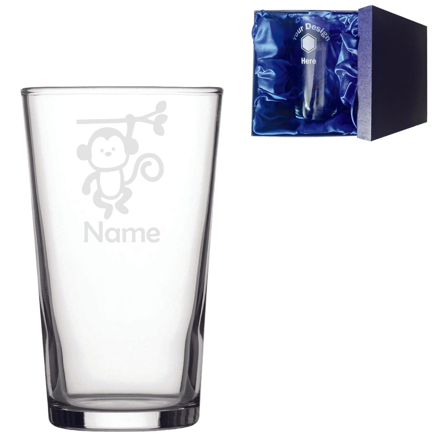 Personalised Monkey Laser Etched Whiskey / High-Ball / Pint / Tankard Glass