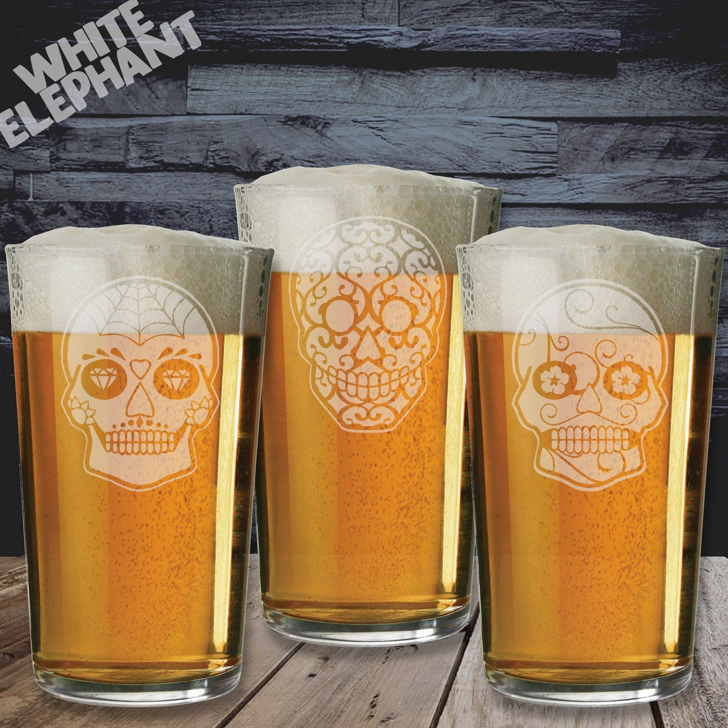 Sugar Skull 3 Laser Etched Whiskey / High-Ball / Pint Glass Gift Set