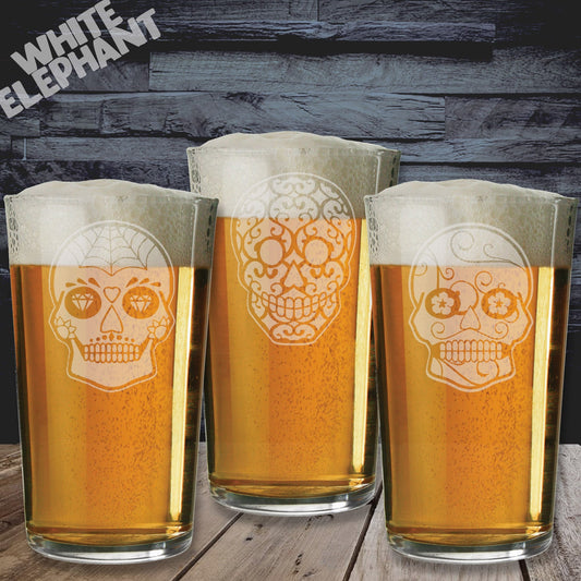 Sugar Skull 3 Laser Etched Whiskey / High-Ball / Pint Glass Gift Set