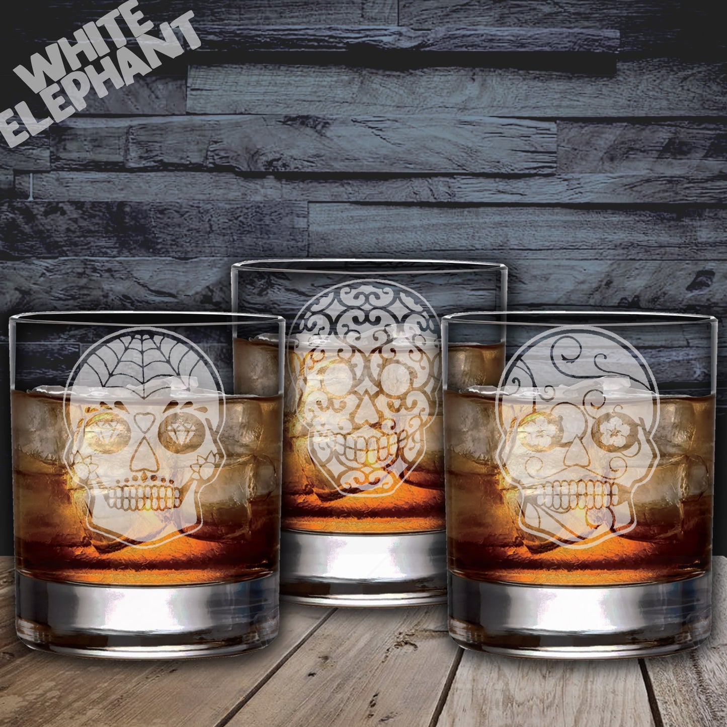 Sugar Skull 3 Laser Etched Whiskey / High-Ball / Pint Glass Gift Set