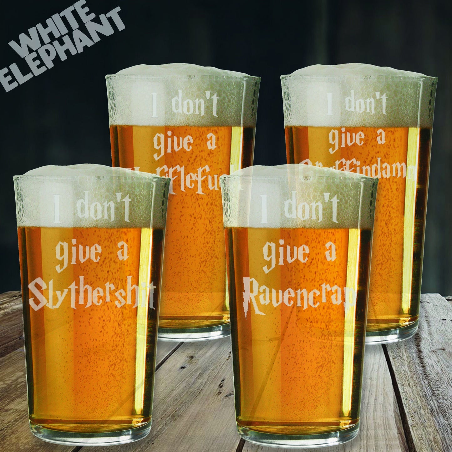 Swear word Harry Potter Houses 4 Glass Laser Etched Whiskey / High-Ball / Pint / Tankard Glass Gift Set