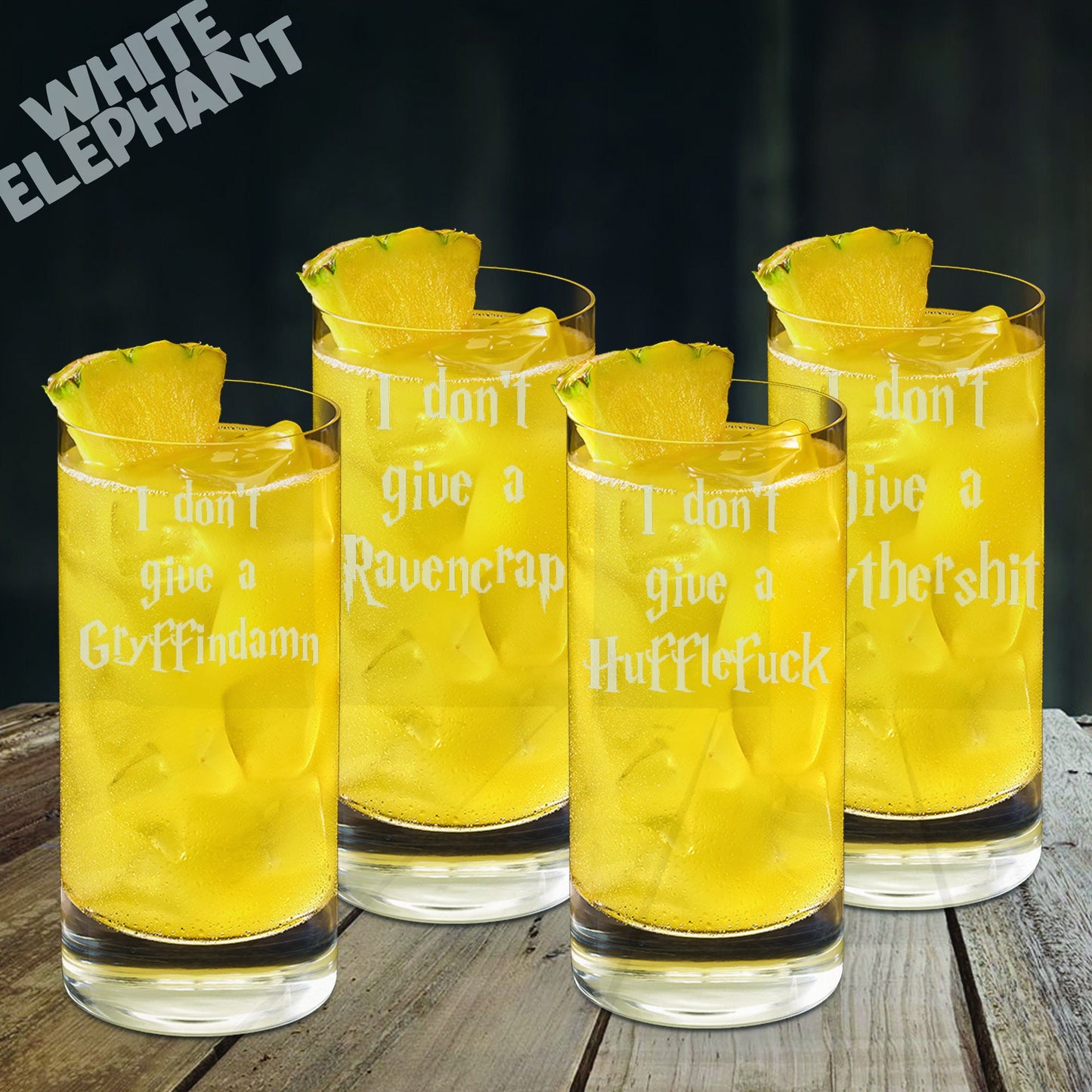 Swear word Harry Potter Houses 4 Glass Laser Etched Whiskey / High-Ball / Pint / Tankard Glass Gift Set