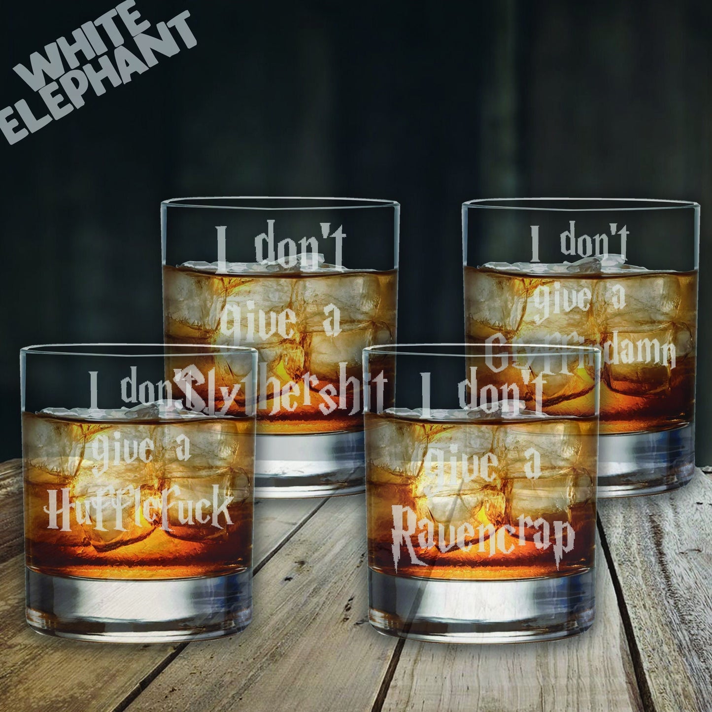 Swear word Harry Potter Houses 4 Glass Laser Etched Whiskey / High-Ball / Pint / Tankard Glass Gift Set