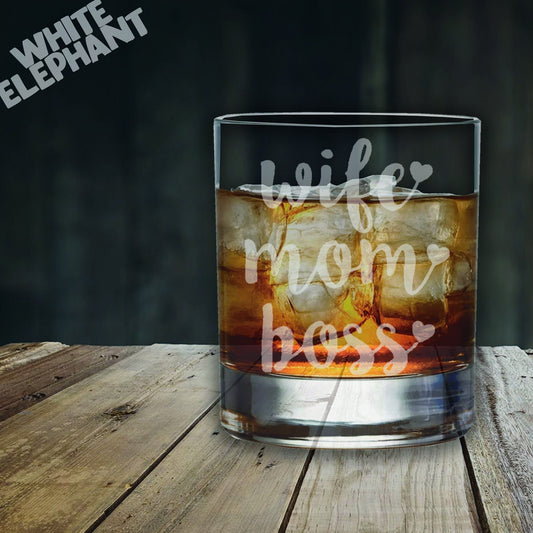 Wife Mom Boss Funny Laser Etched Whiskey / High-Ball / Pint / Tankard Glass