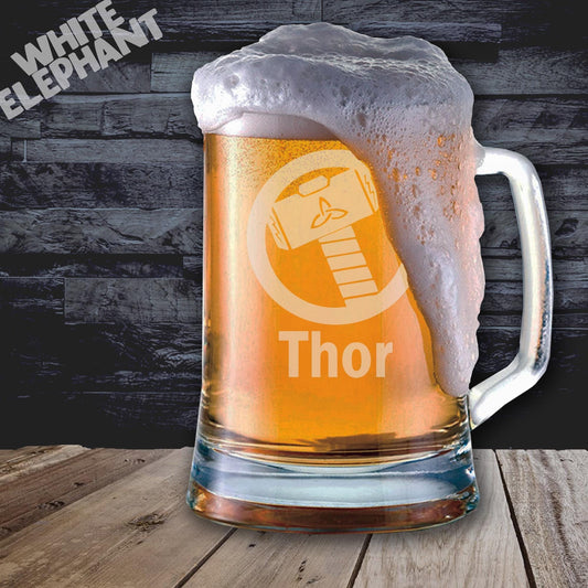Personalised Thor's Hammer Laser Etched Whiskey / High-Ball / Pint / Tankard Glass
