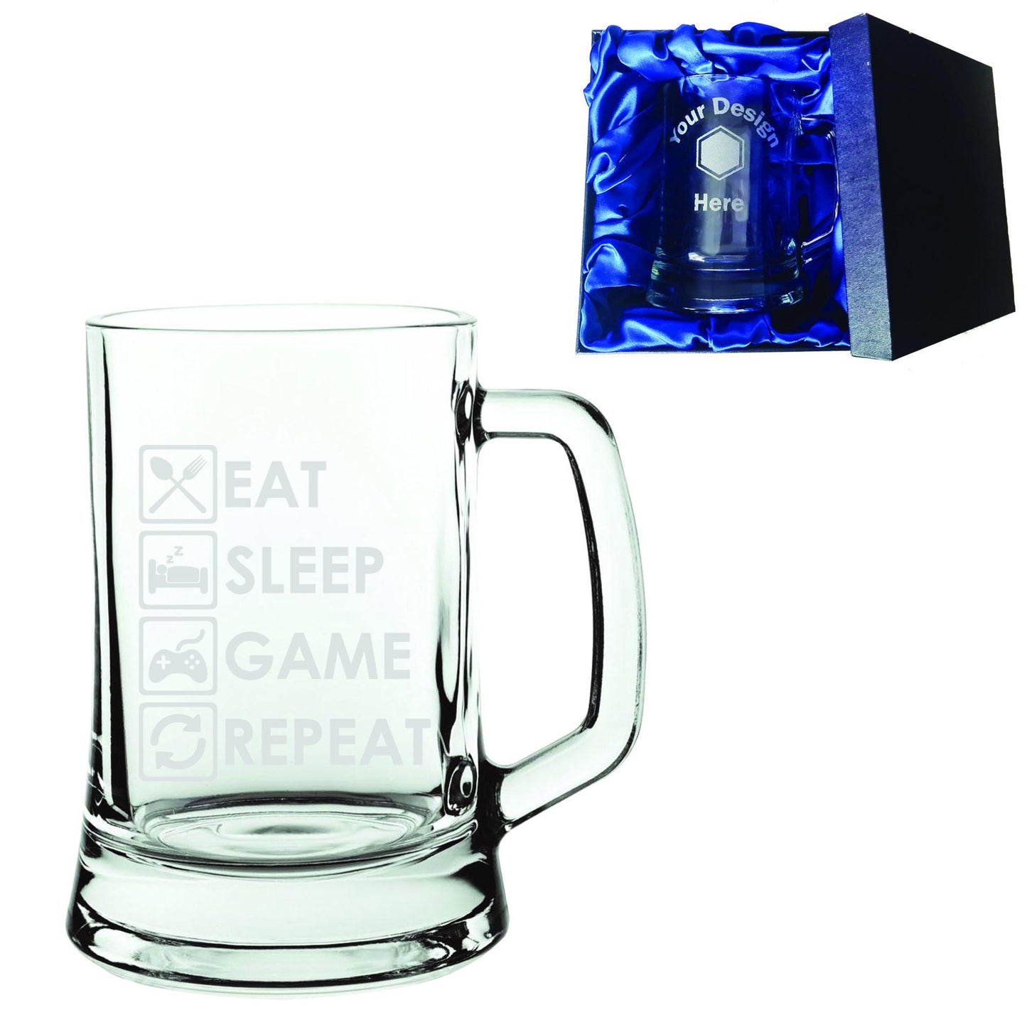 Eat Sleep Game Repeat - Laser Etched Whiskey, Highball, Pint or Tankard Glass