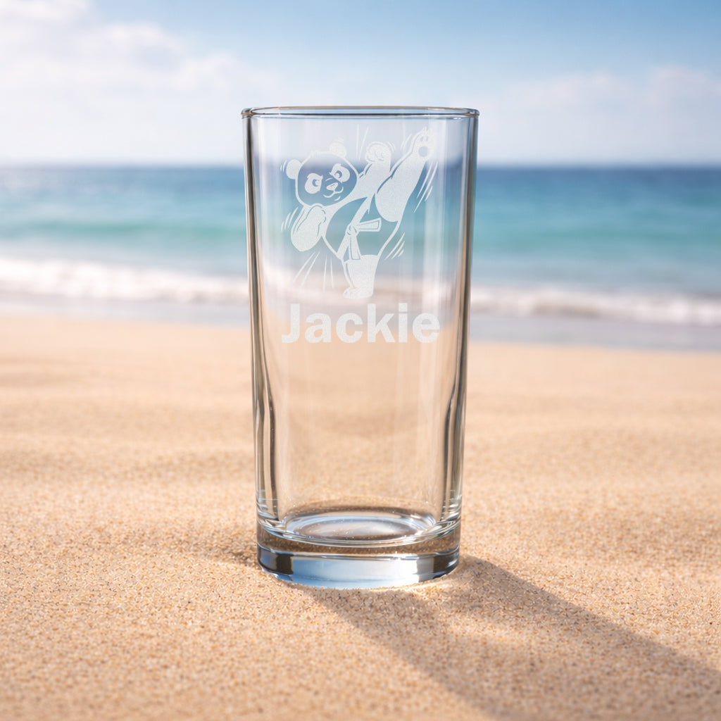 Personalised karate panda tumbler glass with laser etched martial arts panda design and custom name