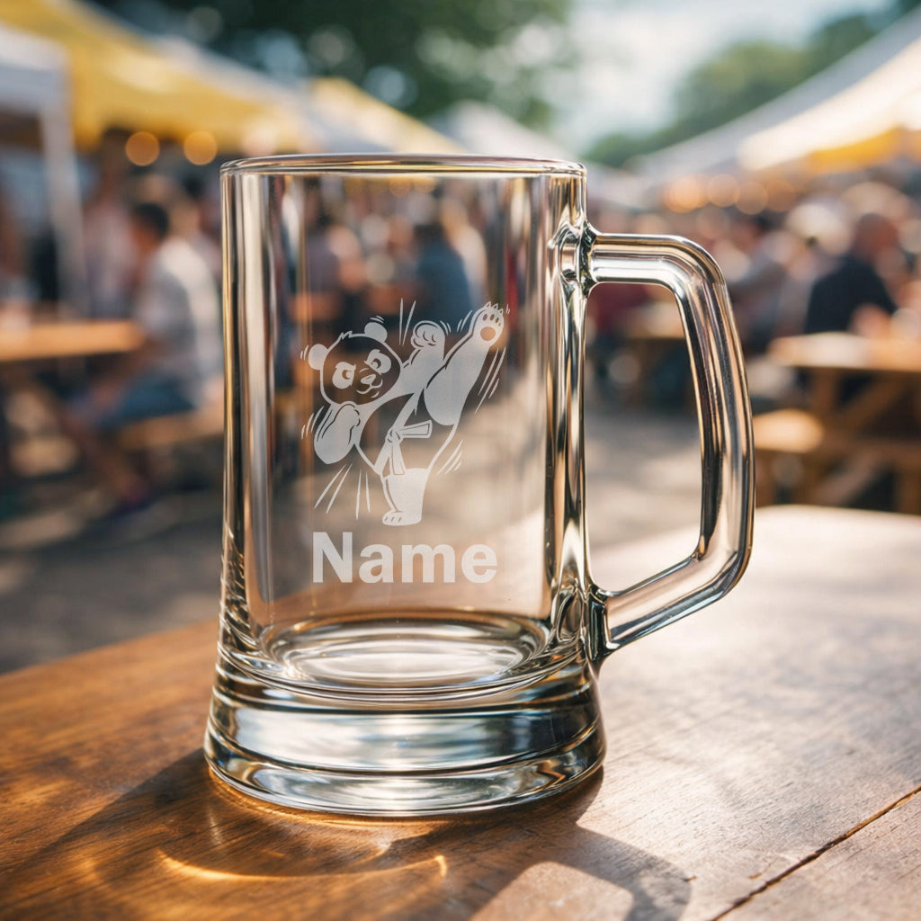 Personalised karate panda tankard glass with laser etched martial arts panda design and custom name