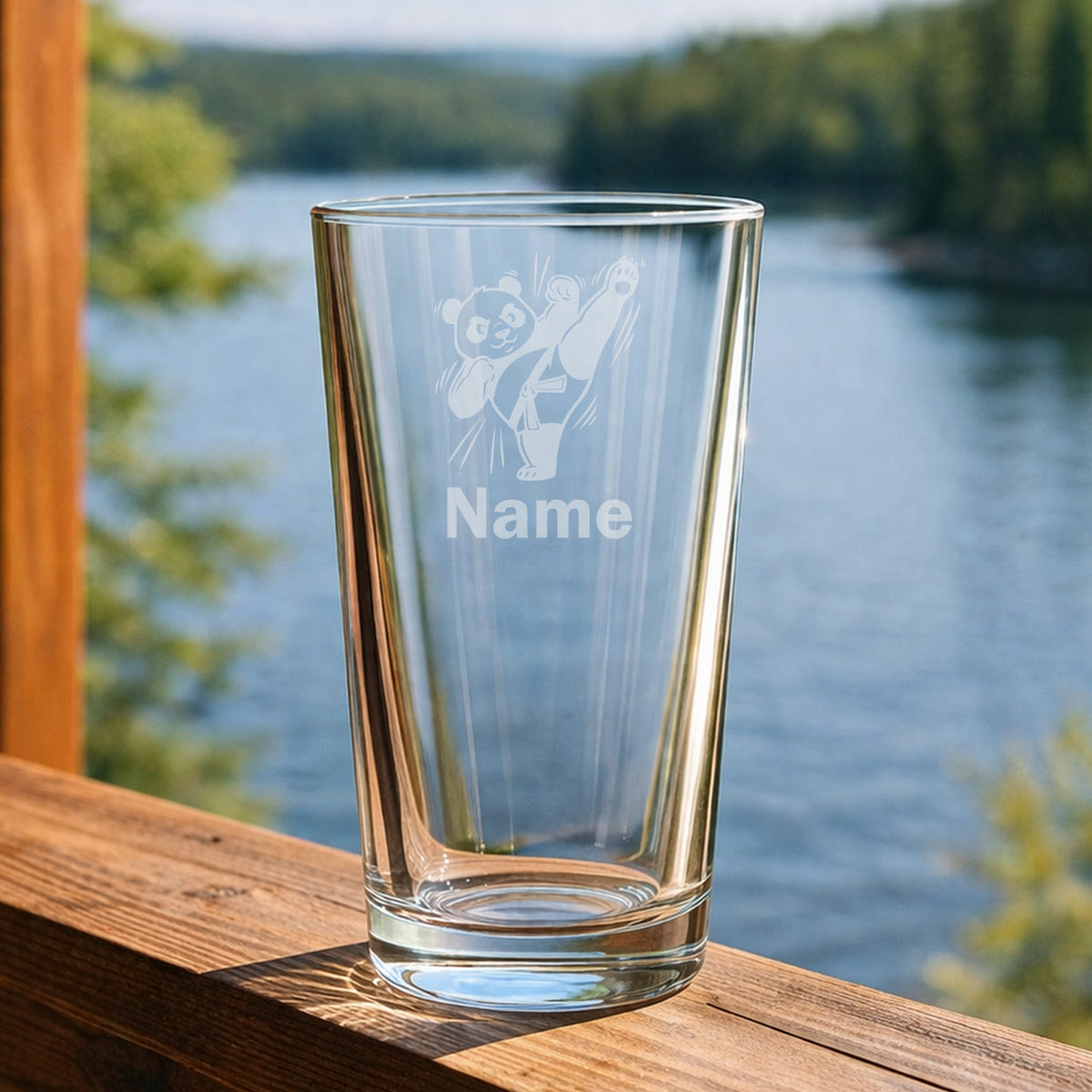 Personalised karate panda pint glass with laser etched martial arts panda design and custom name
