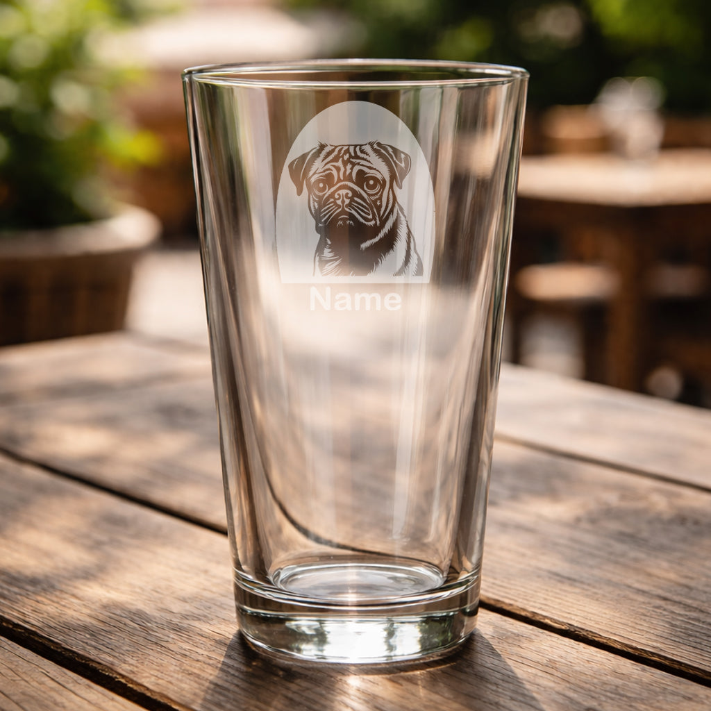 Personalised Pug pint glass featuring a laser etched Pug dog design with a custom name underneath