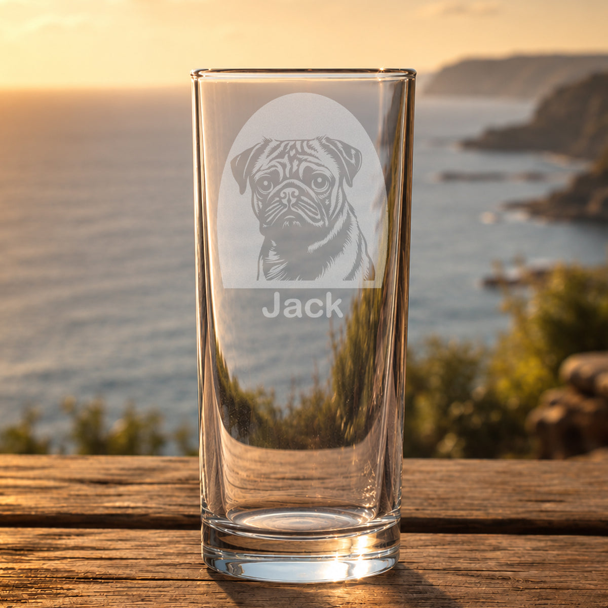 Personalised Pug highball glass featuring a laser etched Pug dog design with a custom name underneath
