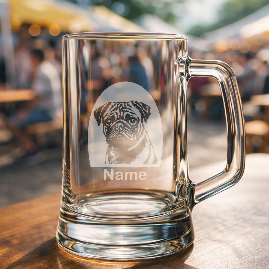 Personalised Pug tankard glass featuring a laser etched Pug dog design with a custom name underneath