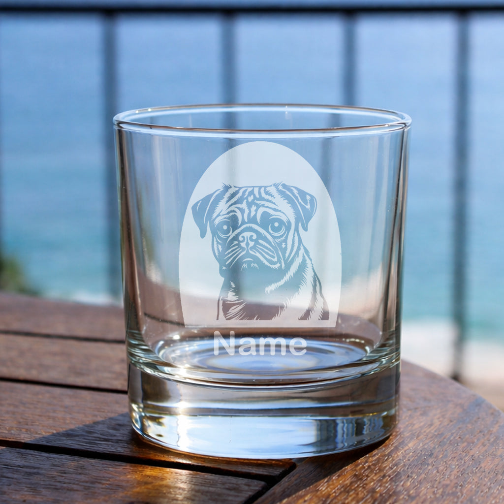 Personalised Pug whiskey glass featuring a laser etched Pug dog design with a custom name underneath