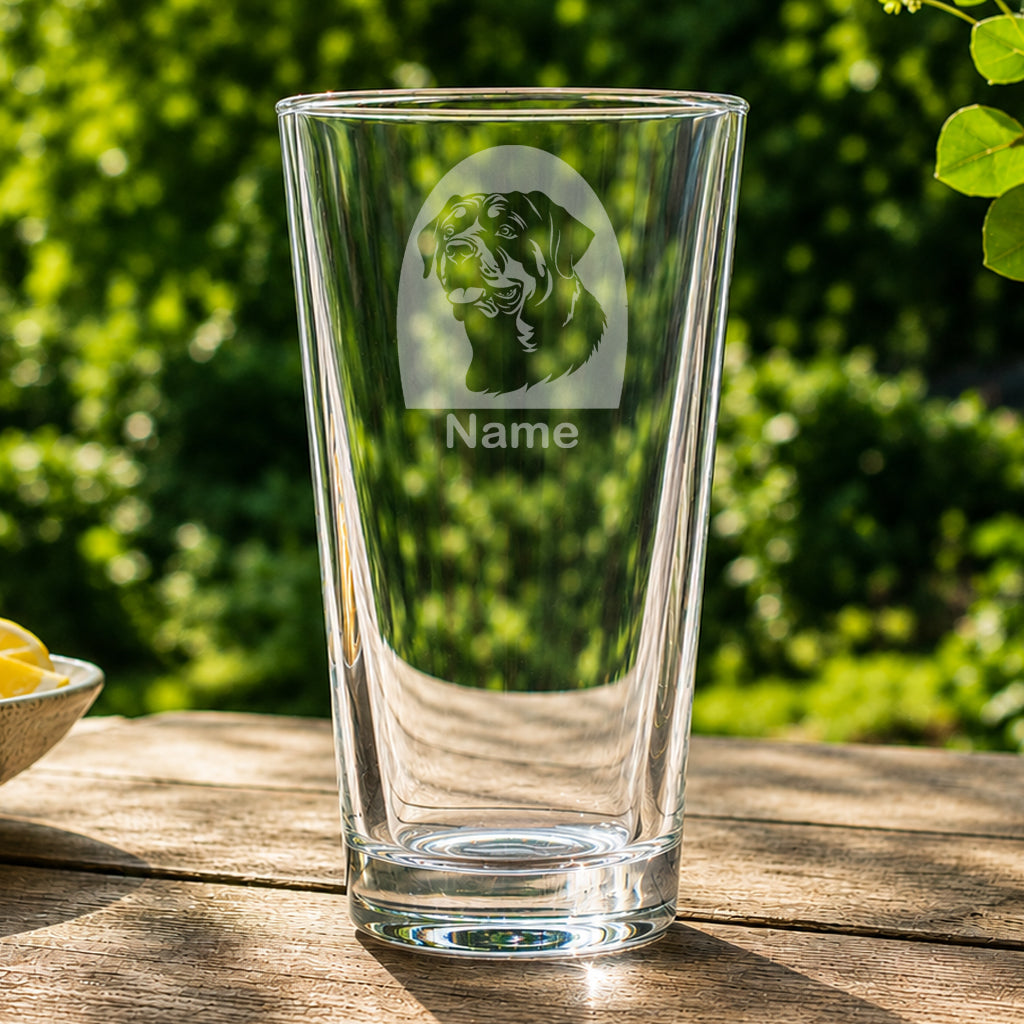 Personalised Rottweiler pint glass featuring a laser etched Rottweiler dog design with a custom name underneath