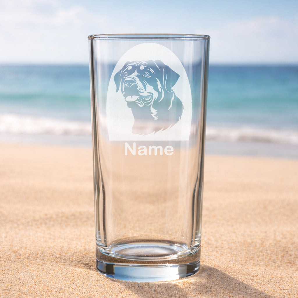 Personalised Rottweiler highball glass featuring a laser etched Rottweiler dog design with a custom name underneath