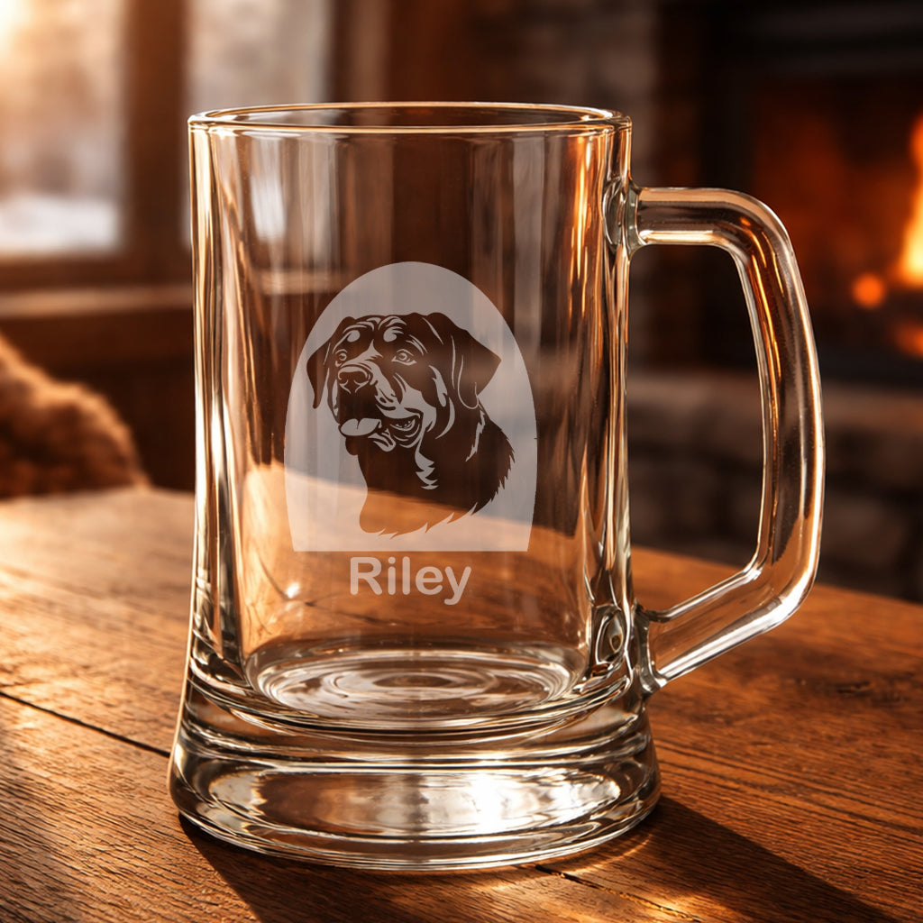Personalised Rottweiler tankard glass featuring a laser etched Rottweiler dog design with a custom name underneath