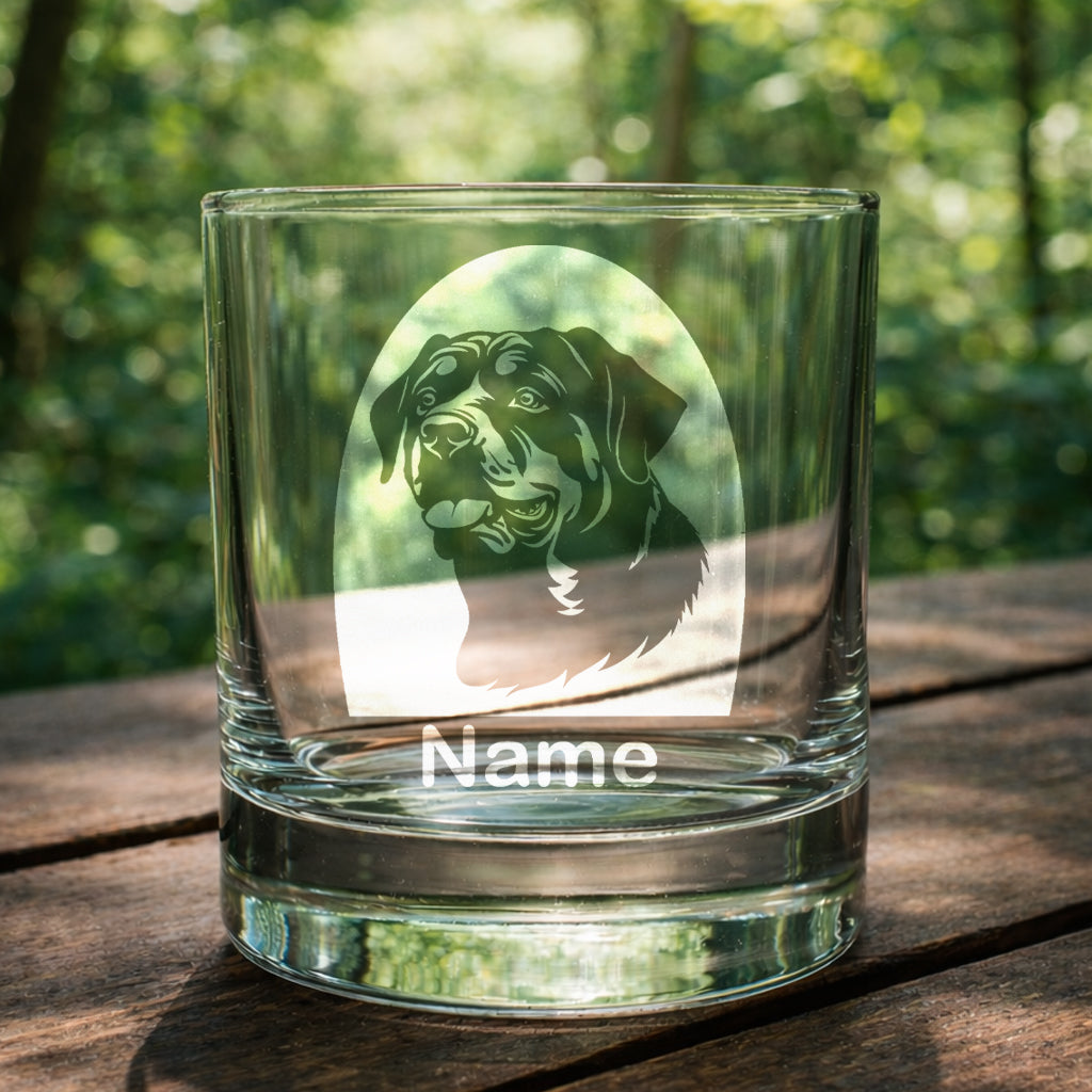 Personalised Rottweiler whiskey glass featuring a laser etched Rottweiler dog design with a custom name underneath