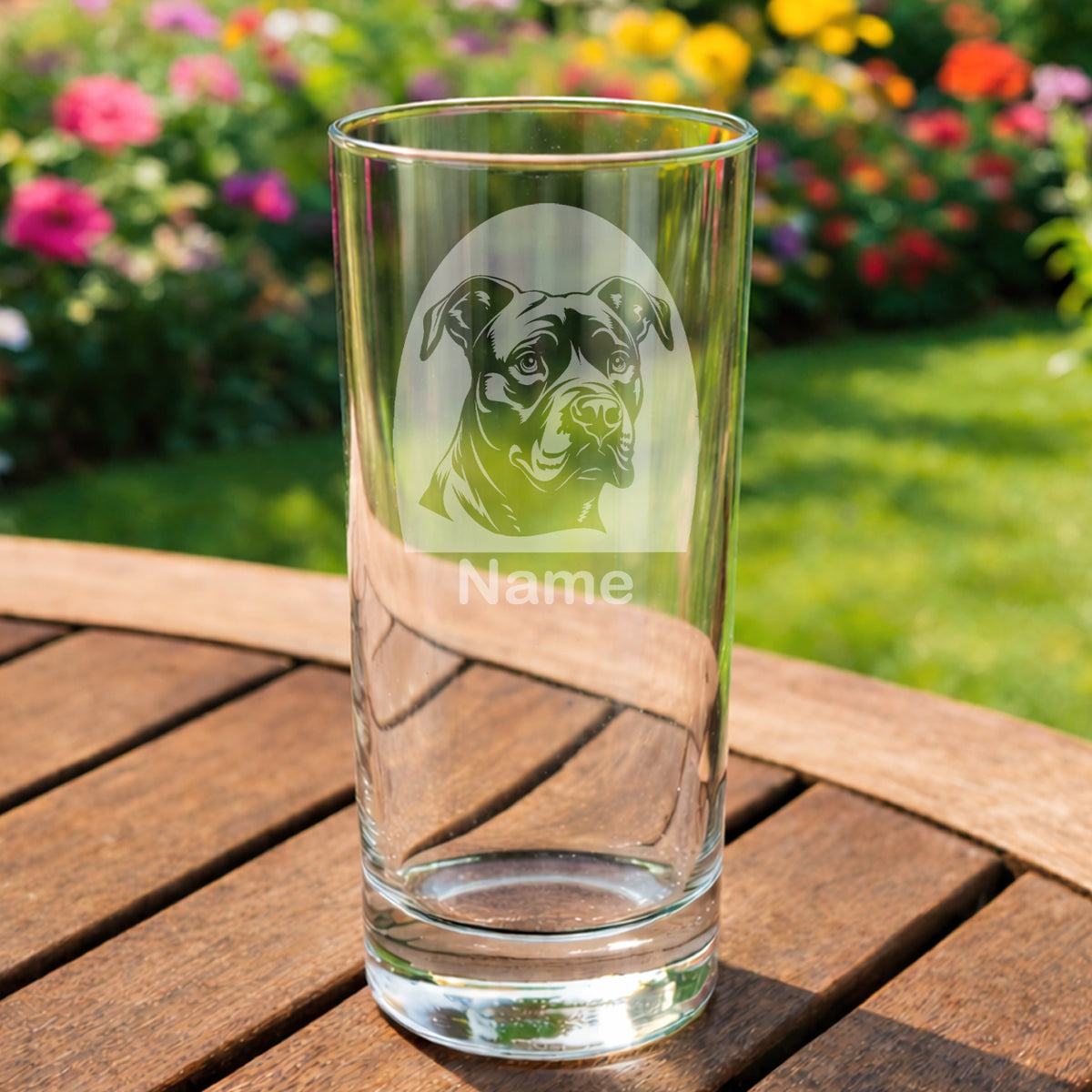 Personalised Staffordshire Bull Terrier highball glass featuring a laser etched Staffie dog portrait