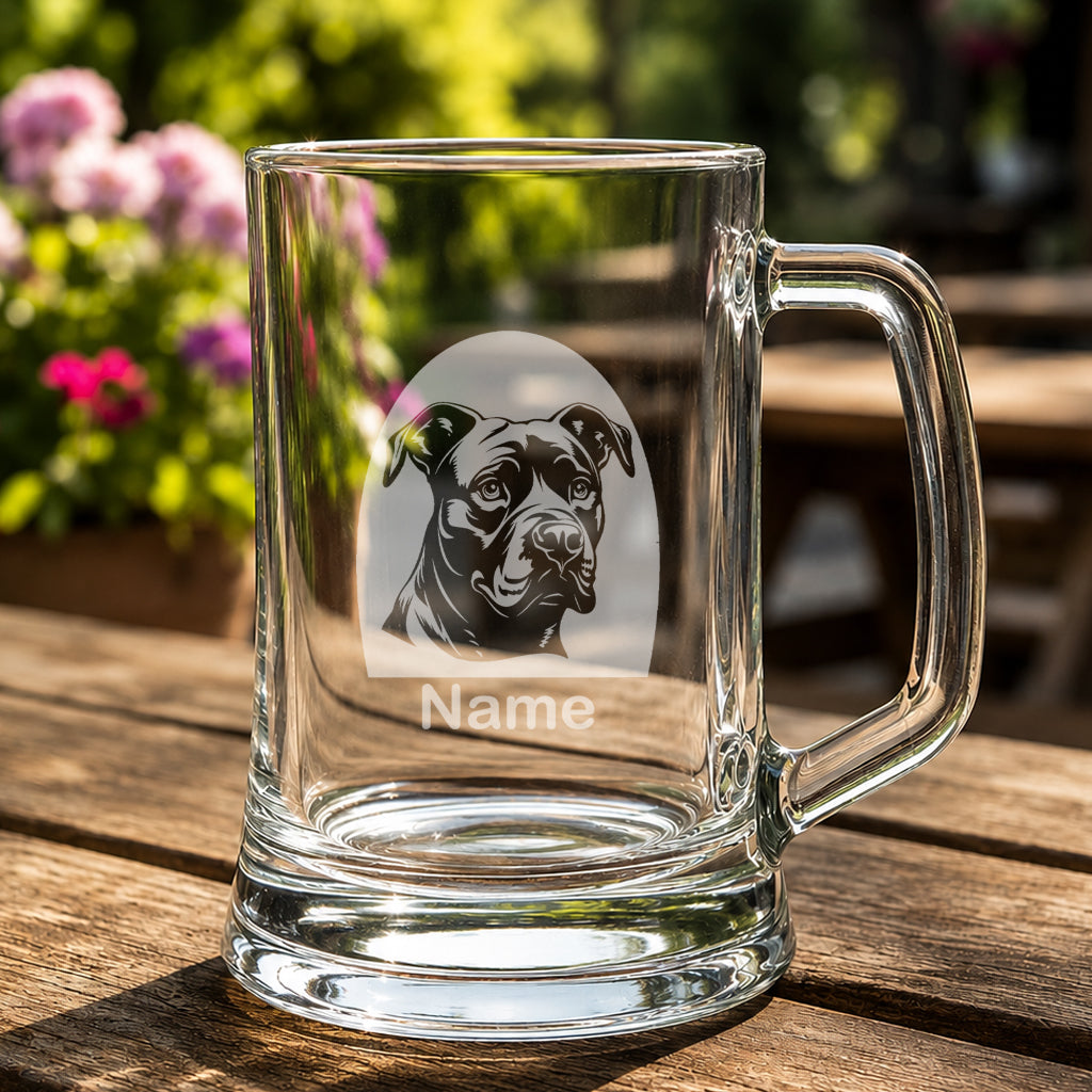 Personalised Staffordshire Bull Terrier tankard glass featuring a laser etched Staffie dog portrait