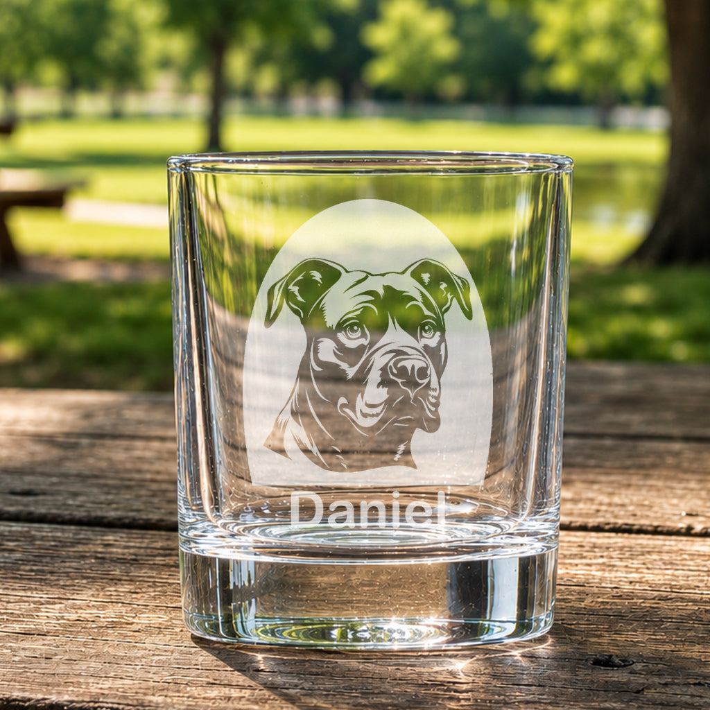 Personalised Staffordshire Bull Terrier whiskey glass featuring a laser etched Staffie dog portrait
