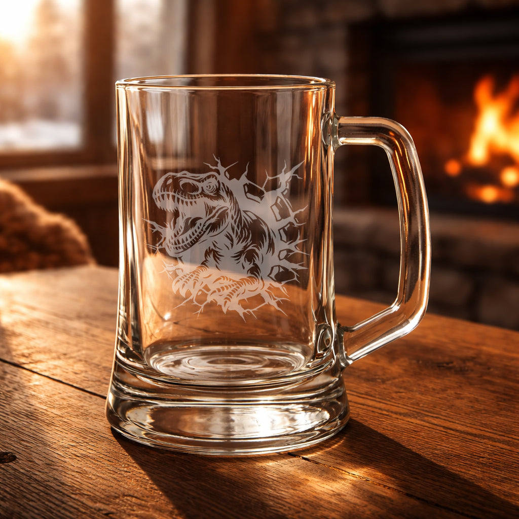 T-Rex dinosaur breaking through a wall laser etched onto a glass tankard 