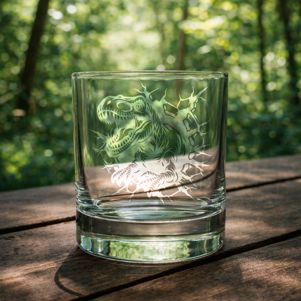 T-Rex dinosaur breaking through a wall laser etched onto a glass whiskey 